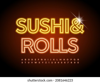 Banner de neón vector Sushi y Rolls. Fuente luminosa brillante. Juego de letras y números de alfabeto de lecho iluminado