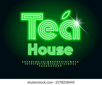 Vector Neon banner Tea House. Glowing Green Font. Unique Set of Electric Alphabet Letters and Numbers