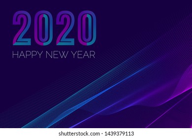 Vector neon banner with text 2020 Happy New Year and abstract lines shape. Winter futuristic holiday poster.