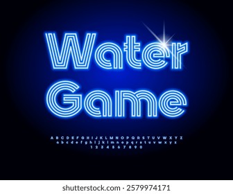 Vector Neon banner Water Game. Glowing Blue Font. Electric Light Alphabet Letters and Numbers set.