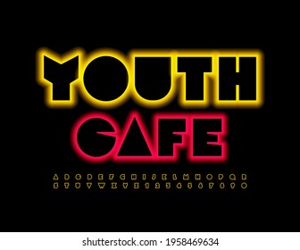Vector neon banner Youth Cafe. Abstract Alphabet Letters and Numbers set. Creative bright Font