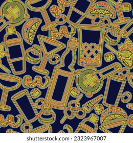 Vector neon bartender equipment seamless pattern. Vector orange bright illustration