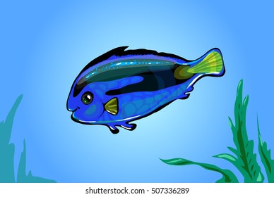 Vector  neon blue fish in the sea. Glowing cartoon funny fish