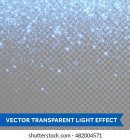 Vector Neon Blue Glitter Particles Background Effect For Luxury Greeting Rich Card. Sparkling Snow Flakes Texture. Star Dust Sparks In Explosion On Transparent Background.