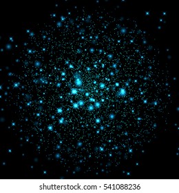 Vector neon blue glitter particles background effect for luxury greeting rich card. Sparkling texture. Star dust sparks in explosion on black background