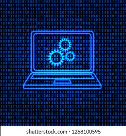 Vector Neon Blue Laptop with Gears on the Screen on Matrix Data Programming Code Background, Shining Icon,