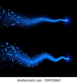 Vector neon blue sparkling falling star. Stardust trail. Cosmic glittering wave.