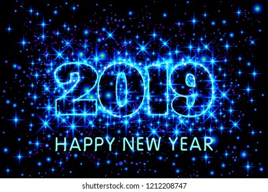 vector neon blue typography Happy New Year 2019 in starry sky background illustration art