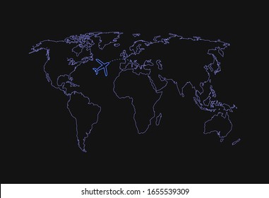 Línea de contorno del mapa del mundo azul vectorial y con una flecha, concepto de viaje aéreo, aislado en el mapa de fondo negro.