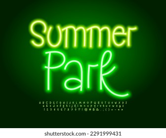 Vector Neon Bnner Summer Park. Bright Glowing Font. Funny Creative Alphabet Letters and Numbers set