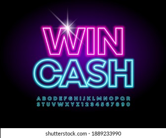 Vector a bordo de neón Win Cash. Fuente eléctrica brillante. Luz brillante Montaje de letras y números de alfabeto