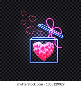 Caja de neón vectorial con globos cardíacos, Ilustración brillante aislada en fondo transparente oscuro, plantilla de icono colorido.