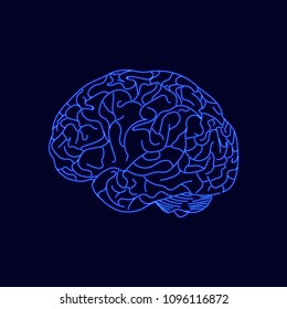 Vector Neon Brain, Logo Illustration Template, Blue Glowing Lines.