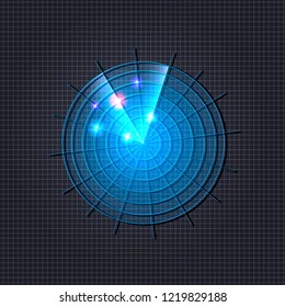 Vector Neon Bright Blue Neon Radar Illustration, Shining on Dark Grid Background Icon.