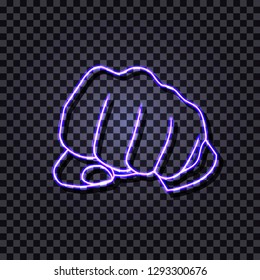 Vector Neon Bright Luminous Fist Isolated on Dark Transparent Background, Human Hand Gesturing Icon.