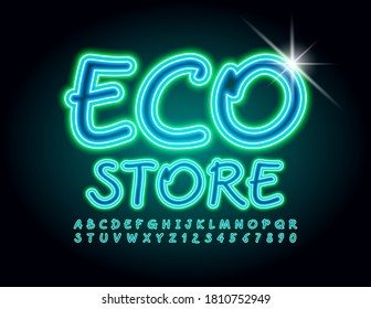 Vector Neon signo brillante Eco Store. Fuente eléctrica creativa. Conjunto de letras y números de alfabeto manuscritos