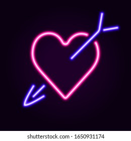 Vector neon broken hearts symbol. Neon heart and arrow on dark background. Ready for your design, greeting card, banner. Vector illustration.
