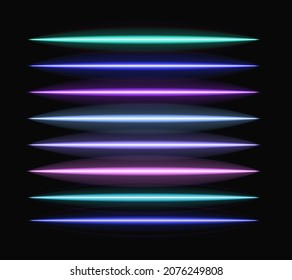 Vector neon brushes set, blue, green, purple colored lines, neon light tubes, long lines.