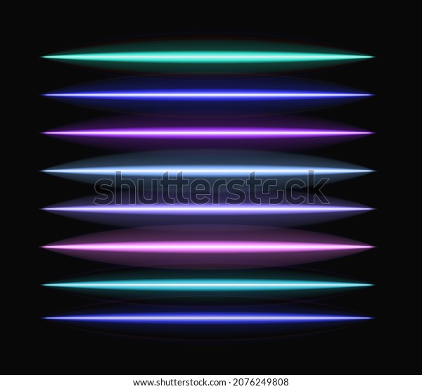 Vector neon brushes set, blue, green,\
purple colored lines, neon light tubes, long\
lines.