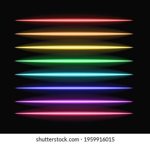 Vector neon brushes set, rainbow colored lines, neon light tubes, long lines.