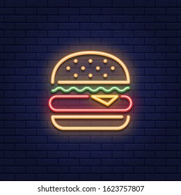 Vector neon burger icon template. Line street fast food sign illustration. Glowing hamburger logo background. Simple sandwich concept for bar, cafe, stall, delivery