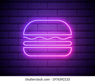 Vector neon burger icon template. Line street fast food sign illustration. Glowing hamburger logo isolated on brick wall background. Simple sandwich concept for bar, cafe, stall, delivery.