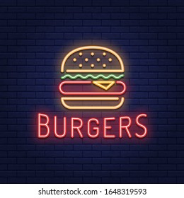 Vector neon burger logo template. Line street fast food sign illustration. Glowing hamburger restaurant logotype. Modern sandwich concept for bar, cafe, stall, delivery