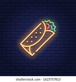 Vector neon burrito icon template. Glowing traditional food logo concept: kebab, sandwich, shawarma, fajita, durum. Street fast food sign illustration. Modern design for bar, cafe, stall