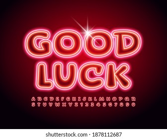 Vector neon card Good Luck. Red glowing Font. Illuminated led Alphabet Letters and Numbers set