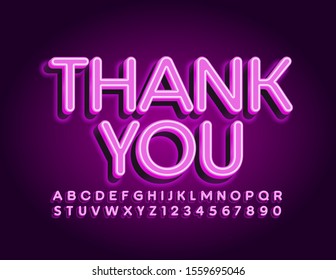 Vector neon card with greeting Thank You. Glowing Alphabet Letters and Numbers. Bright electric Font