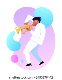 Vector neon cartoon illustration of african jazz, soul musician with trumpet isolated on pink gradient background. Full height portrait of black man used for music poster, magazine