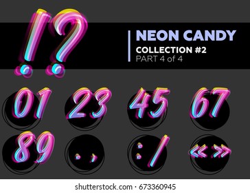Vector Neon Character Typeset. Glowing Numbers On Dark Background. Glitch Effect. Shining Candy Type. Hand Drawn Retro Font For Summer Poster, Night Club Banner, Sale Banner.