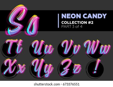 Vector Neon Character Typeset. Glowing Letters on Dark Background. Glitch Effect. Shining Candy Alphabet. Hand Drawn Retro Font for Summer Poster, Night Club Banner, Sale Banner.