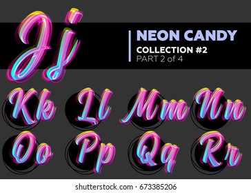 Vector Neon Character Typeset. Glowing Letters on Dark Background. Glitch Effect. Shining Candy Alphabet. Hand Drawn Retro Font for Summer Poster, Night Club Banner, Sale Banner.