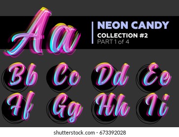 Vector Neon Character Typeset. Glowing Letters on Dark Background. Glitch Effect. Shining Candy Alphabet. Hand Drawn Retro Font for Summer Poster, Night Club Banner, Sale Banner.