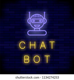 Vector Neon Chat Bot on Blue Brick Background. Artificial Intelligence Concept of UI. Cute Smiling Chatbot Icon. Robot Virtual Assistance. Online Consultation.