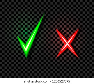 Vector Neon Check and Cross Marks, Bright Green and Red Light, Isolated on Dark Transparent Background Illustration.