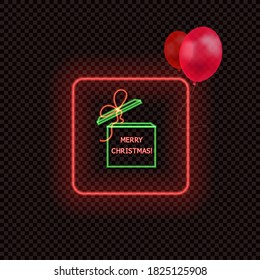 Vector Neon Christmas Gift Box Icon, Glowing Square Frame and Balloons, Bright Lights Illustration, Holiday Illumination.