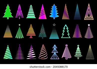 Vector neon Christmas tree collection  Set glowing Christmas trees isolated black background  Colorful illuminating trees for your design projects 
