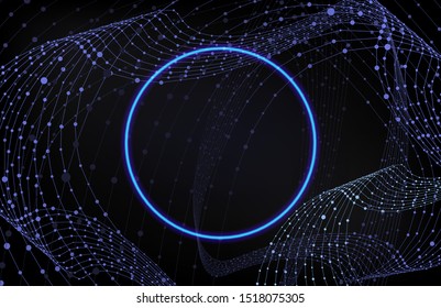 Vector Neon Circle Frame on Dark Structure Background, Connected Dots Geometric Pattern, Bright Blue Glowing Lights.