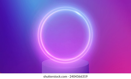 Vector neon circle frame with podium. Round illuminated frame on abstract vibrant color backdrop. Neon lighting