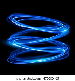 Vector neon circle light tracing effect. Glowing magic blue ring trace. Glitter sparkle swirl trail effect on black background. Bokeh glitter round ellipse line with flying sparkling flash lights.