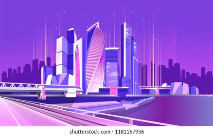 Vector neon city, night glowing business center of Moscow, skyscrapers standing on the river bank with a large bridge