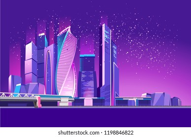 Vector neon city, night glowing business center of Moscow, skyscrapers standing on the river bank with a large bridge