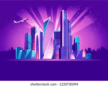 Vector neon city Night glowing business district of Moscow, skyscrapers on an ultra-violet background