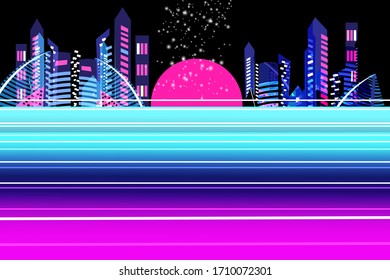 Vector neon city at sunset. Modern urban landscape