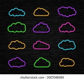 Vector neon clouds set shining on dark background. Abstract electric light frame. Retro neon sign. Vector Illustration.