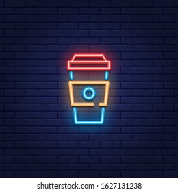 Vector neon coffee to go icon. Glowing drink sign for take away, cafe, bar, restaurant, stall.  Line paper cup logo background. Street fast food symbol illustration