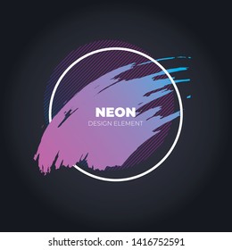 Vector neon color brush lliquid stroke banner template. Colorful abstract pink to blue gradient hand drawn liquid splash isolated on black background in circle frame. Concept of grunge liquid flame.