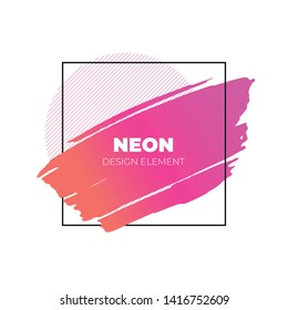 Vector neon color brush stroke banner template. Colorful abstract illustration orange to pink gradient hand drawn shape isolated on white background in square frame. Bright trendy palette.